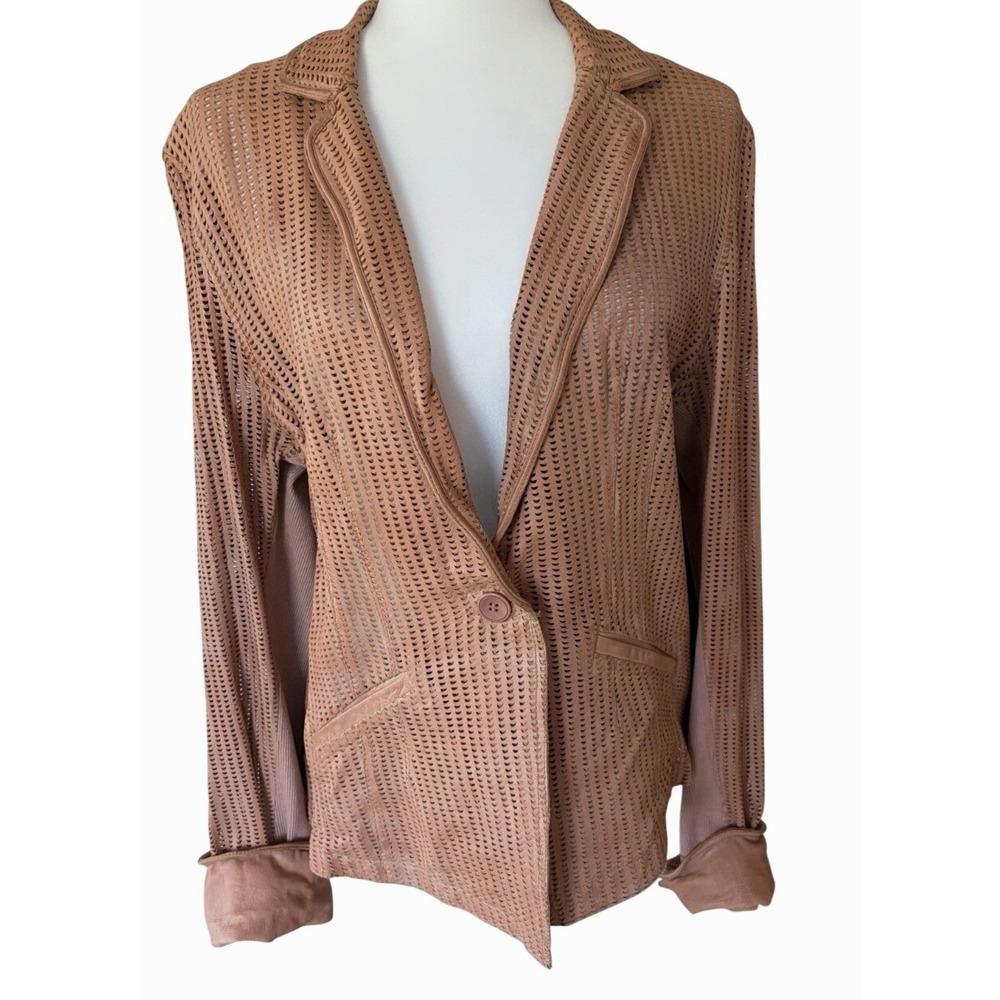 Jakett New York Tan Perforated Leather Blazer Jacket Ribbed Knit Sleeves Large
